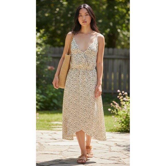I Joah Dresses & Skirts - (H-229) JOAH Women's Polka Dot Midi Dress‎ Beige Black Sleeveless Size S